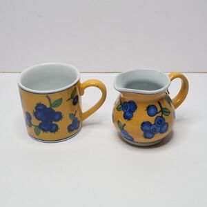 April Cornell Blueberry Mug and Creamer Set Yellow Blue Fruit Ceramic Vintage